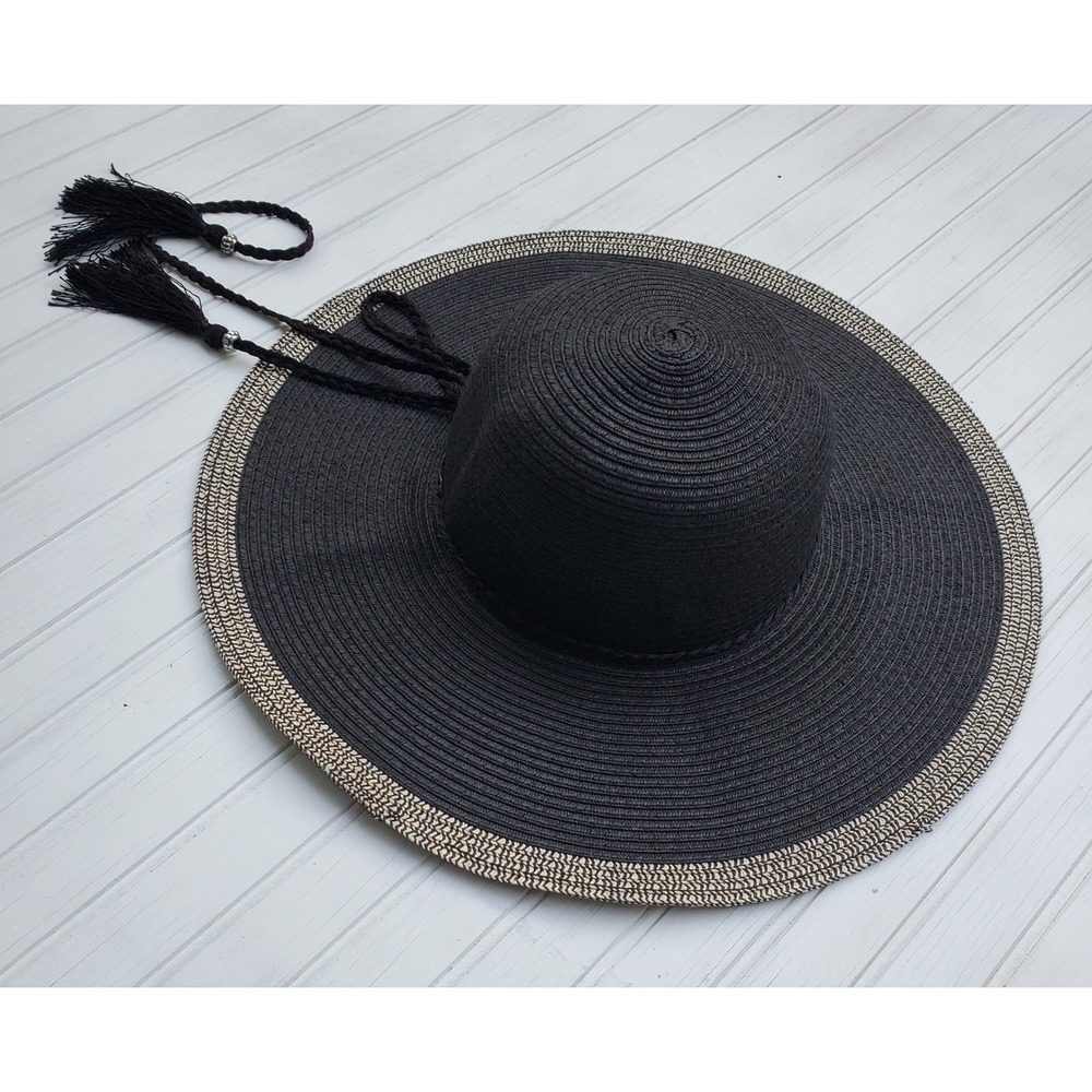 Unbranded Black Wide Brim Straw Sun Hat Tassel Trim Beach Accessory